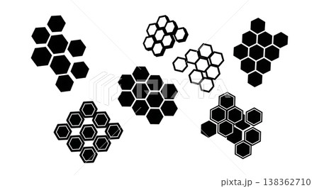 Black Solid Honeycomb Hexagon Silhouettes Set of Six on White Background Black Solid Honeycomb Hexagon Silhouettes Set of Six on White Background 138362710