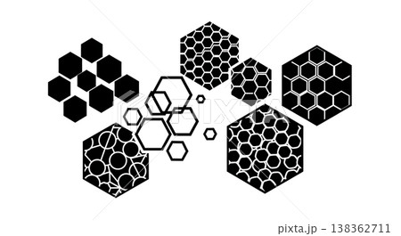 Black Solid Honeycomb Hexagon Silhouettes Set of Six on White Background Black Solid Honeycomb Hexagon Silhouettes Set of Six on White Background 138362711