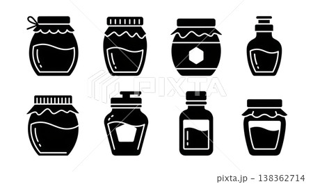 Black Solid Honey Jars Silhouettes Set of Six on White Background Black Solid Honey Jars Silhouettes Set of Six on White Background 138362714