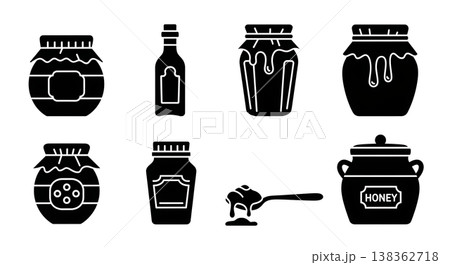 Black Solid Honey Jars Silhouettes Set of Six on White Background Black Solid Honey Jars Silhouettes Set of Six on White Background 138362718