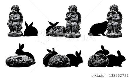 Black Solid Hoop Ball Bunny Silhouettes Set of Six on White Background Black Solid Hoop Ball Bunny Silhouettes Set of Six on White Background 138362721