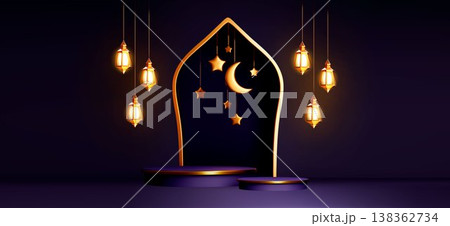 Ramadan podium with gold arch, arabic lantern 138362734