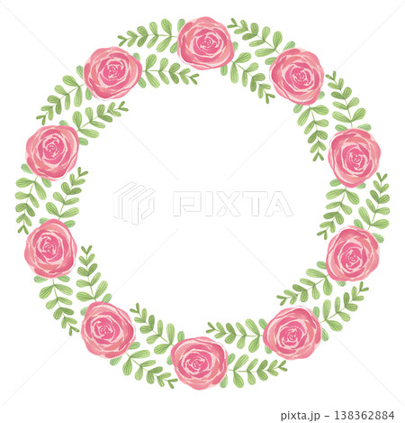 Watercolor frame with pink roses. Hand drawn botanical illustration. Wreath of blooming and greenery is perfect for invitations and weddings. Watercolor frame with pink roses. Hand drawn botanical illustration. Wreath of blooming and greenery is perfect for invitations and weddings. 138362884