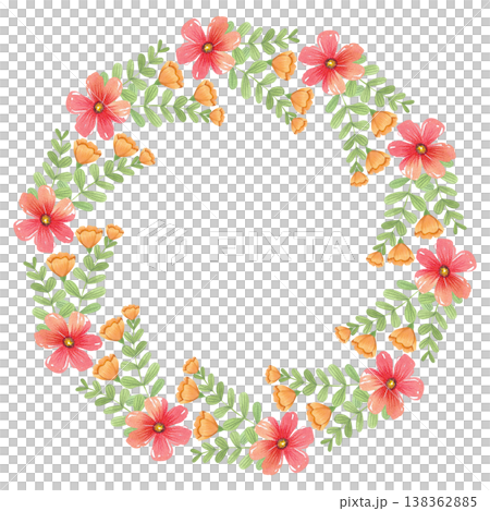 Watercolor frame with red flowers. Hand drawn botanical illustration. Wreath of blooming and greenery is perfect for invitations and weddings. 138362885