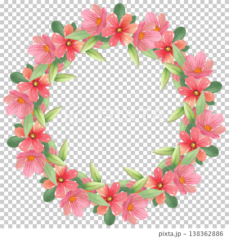 Watercolor frame with red and pink flowers. Hand drawn botanical illustration. Wreath of blooming and greenery is perfect for invitations and weddings. Watercolor frame with red and pink flowers. Hand drawn botanical illustration. Wreath of blooming and greenery is perfect for invitations and weddings. 138362886
