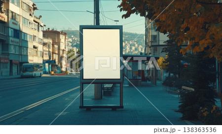Advertise in City Scape, Blank Billboard and Autumnal Ambiance on Urban Street 138363536