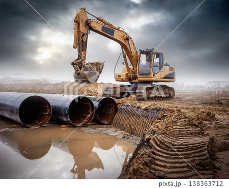 Excavator working near large metal pipes at muddy construction site under dramatic sky heavy machinery and infrastructure development industrial scene 138363712