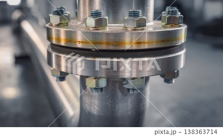 Close up of industrial pipe flange with bolts and metal surface detail precision engineering connection component in modern factory environment 138363714