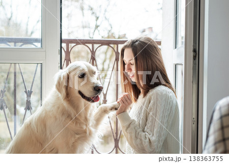 Woman training golden retriever dog holding paw indoors Woman training golden retriever dog holding paw indoors 138363755