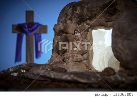 Empty tomb representing jesus resurrection and easter morning light Empty tomb representing jesus resurrection and easter morning light 138363805