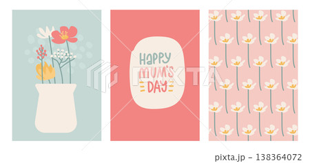 Happy Mother s Day greeting card set. Abstract minimalist vase with spring flowers, seamless floral pattern and cute text on pastel background. Naive boho vector poster template collection. 138364072
