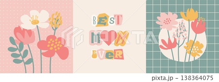 Happy Mother s Day social media post set. Abstract boho spring flowers and cute cutout text Best Mom Ever on pastel dotted and grid background. Minimalist naive floral vector poster template. Happy Mother s Day social media post set. Abstract boho spring flowers and cute cutout text Best Mom Ever on pastel dotted and grid background. Minimalist naive floral vector poster template. 138364075