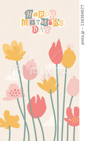 Vertical botanical poster for Happy Mother s Day. Springtime floral layout with paper craft clouds and typography. Contemporary pastel flyer or social media story vector template. 138364077