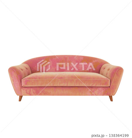 Pink Velvet Sofa With Wooden Legs Placed on a Plain Background 138364199