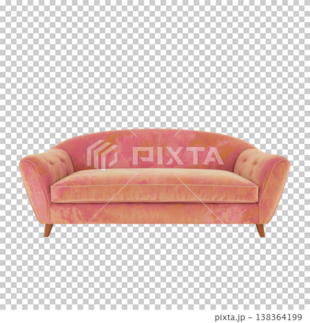 Pink Velvet Sofa With Wooden Legs Placed on a Plain Background 138364199