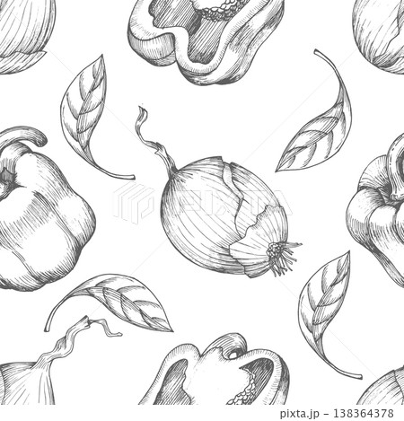 Seamless pattern of the bell peppers. Vector ink styled handmade illustration. For packaging design, cards, cover, prints, product labels and fabric. 138364378