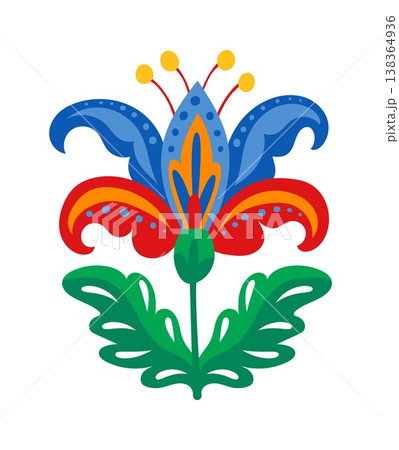 Mexican national print spring flower element with blue and red petals wavy leaf. Mexican folk colorful flower nature decoration, Mexico culture floral isolated vector object. Hispanic plant decor Mexican national print spring flower element with blue and red petals wavy leaf. Mexican folk colorful flower nature decoration, Mexico culture floral isolated vector object. Hispanic plant decor 138364936