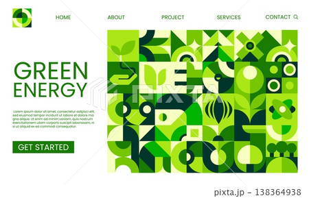 Green energy technology landing page template. Green energy company vector landing page, renewable power plant webpage. Clean environment and ecology website with Bauhaus green geometric shapes 138364938