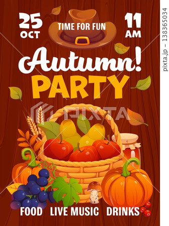 Autumn and Thanksgiving party flyer with harvest in wicker basket, vector banner. Autumn season and Thanksgiving holiday festival flyer with fall leaves, pumpkin and honey jar, fruits and berries 138365034