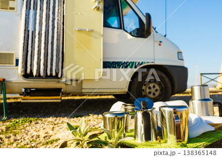 Clean dishes drying on fresh air, capming outdoor 138365148