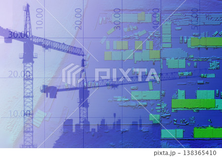 Crane construction blueprint. Construction crane on the background of infographics from the project documentation Crane construction blueprint. Construction crane on the background of infographics from the project documentation 138365410