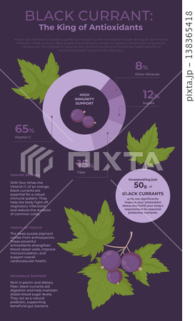Black Currant Nutrition Facts Infographic. Healthy Berry Benefits on Dark Purple Background with Real Data Doughnut Chart, Numbers and Text Blocks and Botanical Drawing. Vertical Vector Illustration. Black Currant Nutrition Facts Infographic. Healthy Berry Benefits on Dark Purple Background with Real Data Doughnut Chart, Numbers and Text Blocks and Botanical Drawing. Vertical Vector Illustration. 138365418
