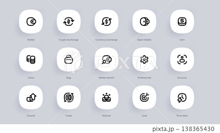 Simple finance vector line icon set. Containing wallet, crypto, coins, currency exchange, financial, goal, profit, refund, time alert, growth and trade icons. Editable stroke vector graphic. Simple finance vector line icon set. Containing wallet, crypto, coins, currency exchange, financial, goal, profit, refund, time alert, growth and trade icons. Editable stroke vector graphic. 138365430