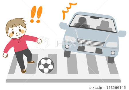 横断歩道に飛び出して自動車に驚く男の子のイラスト 138366146