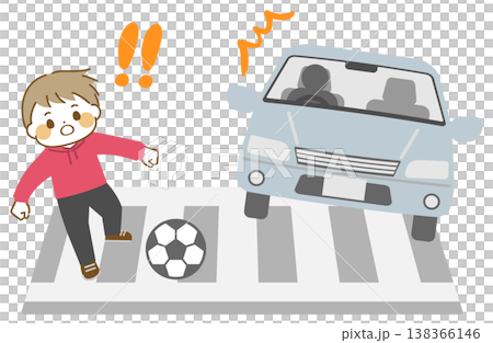 横断歩道に飛び出して自動車に驚く男の子のイラスト 138366146