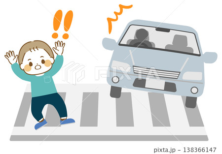 横断歩道で自動車に驚く男の子のイラスト 138366147