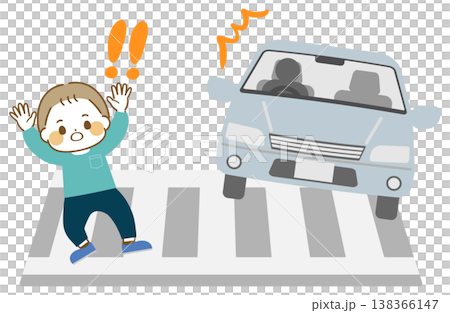 横断歩道で自動車に驚く男の子のイラスト 138366147