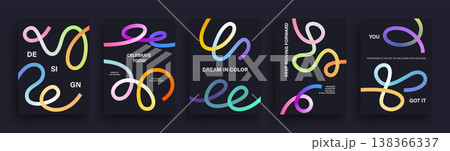 Set of vibrant, colorful abstract posters features flowing ribbon like shapes paired with bold, motivational and celebratory text. Vector illustration Set of vibrant, colorful abstract posters features flowing ribbon like shapes paired with bold, motivational and celebratory text. Vector illustration 138366337