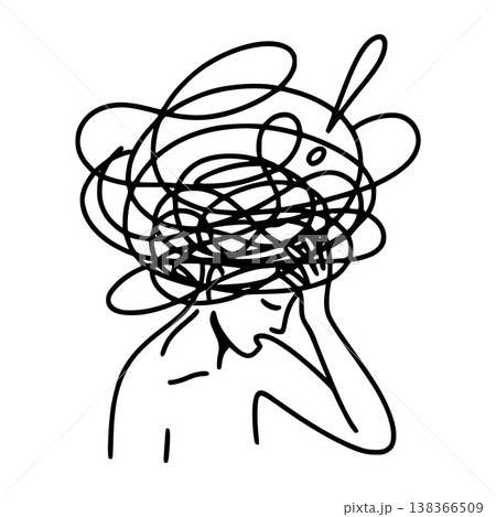 Line art of a person with chaotic scribbles over head on white background, depicting concept of stress and mental overload. Concept of burnout and digital noise 138366509