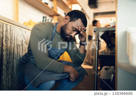 Waiter man, coffee shop and tired with stress, headache or regret for mistake, fail or fatigue at job. Barista person, burnout and pain in head with anxiety, mental health or depression in restaurant 138366686