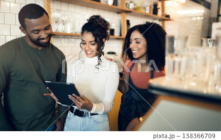 Happy woman, tablet and team in small business cafe for inventory, meeting or planning at coffee shop. Female person, entrepreneur or restaurant owner smile in teamwork on technology at retail store 138366709