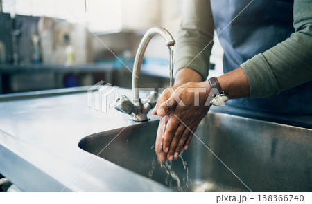 Water, safety and washing hands in the kitchen with a person by the sink for skincare or wellness. Cleaning, hygiene and bacteria with an adult closeup in the home to rinse for skin protection Water, safety and washing hands in the kitchen with a person by the sink for skincare or wellness. Cleaning, hygiene and bacteria with an adult closeup in the home to rinse for skin protection 138366740