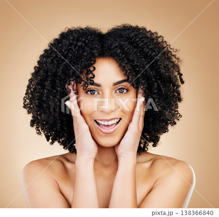 Studio portrait, beauty and happy woman for skincare wellness treatment, dermatology routine results or makeup foundation. Face glow, smile and spa person feeling cosmetics skin on brown background Studio portrait, beauty and happy woman for skincare wellness treatment, dermatology routine results or makeup foundation. Face glow, smile and spa person feeling cosmetics skin on brown background 138366840