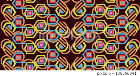 Vibrant seamless repeat pattern featuring bold interlocking circles, geometric squares and lines. Ideal for modern textiles, and trendy wallpapers. 138366841