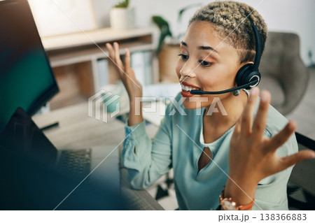 Woman, trading and callcenter, computer and finance advice, financial investment and communication. Headset, mic and phone call conversation, help desk consultant for stock market and dashboard 138366883