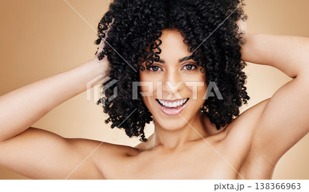 Woman, portrait and hair, curly and natural beauty, smile for salon treatment and texture on studio brown background. Face, skin and glow with growth, haircare and cosmetology with model and volume Woman, portrait and hair, curly and natural beauty, smile for salon treatment and texture on studio brown background. Face, skin and glow with growth, haircare and cosmetology with model and volume 138366963
