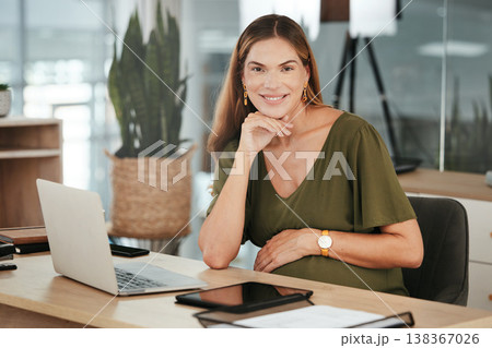 Portrait, laptop and a pregnant business woman in her office at the start of her maternity leave from work. Computer, smile and pregnancy with a happy young employee in the workplace for motherhood Portrait, laptop and a pregnant business woman in her office at the start of her maternity leave from work. Computer, smile and pregnancy with a happy young employee in the workplace for motherhood 138367026