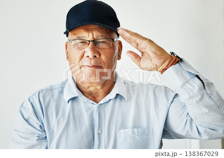 Old man, salute and portrait for veteran soldier on white background for gratitude, pride or respect. Elderly male, army hero power and military or hand gesture for patriotic courage, war or service Old man, salute and portrait for veteran soldier on white background for gratitude, pride or respect. Elderly male, army hero power and military or hand gesture for patriotic courage, war or service 138367029