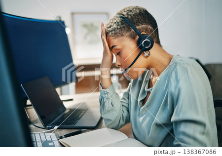 Error, stock market and woman trading with stress, fatigue and overworked in office mistake on investment. Pain, tired and person or entrepreneur with pressure in crisis, headache or frustrated 138367086