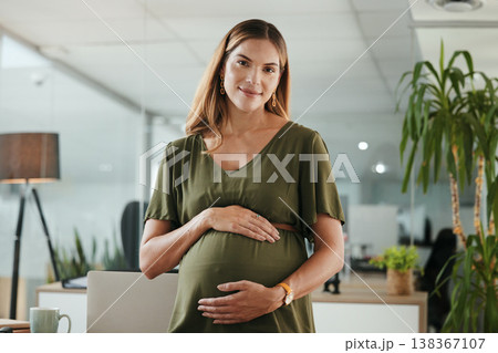 Portrait, stomach and a pregnant business woman in her office at the start of her maternity leave from work. Company, belly and pregnancy with a happy young employee in the workplace for motherhood Portrait, stomach and a pregnant business woman in her office at the start of her maternity leave from work. Company, belly and pregnancy with a happy young employee in the workplace for motherhood 138367107