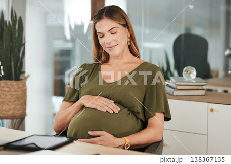 Woman, office and pregnant with hands, stomach and smile for thinking, company and workplace. Belly, employee and pregnancy in career, work and job with love, affection and care for baby or kick 138367135