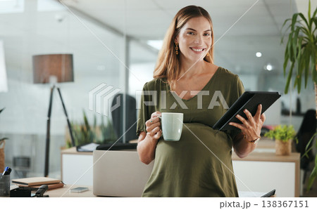 Portrait, tablet and pregnant with woman in her business office at the start of her maternity leave from work. Company, research and pregnancy with tea and happy young employee in the workplace 138367151