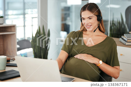 Computer, help and a pregnant woman in a call center for customer service or support with a headset. Tech, smile and pregnancy with a happy young business employee in the workplace as a mother 138367171