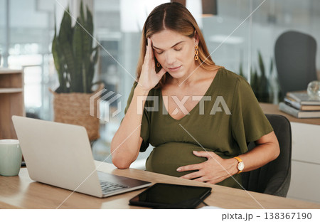Stress, headache and pregnant woman with laptop in office with vertigo, tension or pain. Pregnancy, burnout and female manager with brain fog, low energy or anxiety while online on project proposal Stress, headache and pregnant woman with laptop in office with vertigo, tension or pain. Pregnancy, burnout and female manager with brain fog, low energy or anxiety while online on project proposal 138367190
