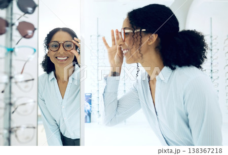 Optometry shop, mirror or happy woman with glasses, lens frame and shopping for eyewear, vision product or optical support. Reflection, eye care choice and customer smile for prescription eyeglasses 138367218