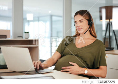 Pregnant, woman and work in call center, office and hands on stomach in telemarketing workplace. Consultant, pregnancy and working in company or planning maternity for health and wellness in business Pregnant, woman and work in call center, office and hands on stomach in telemarketing workplace. Consultant, pregnancy and working in company or planning maternity for health and wellness in business 138367229